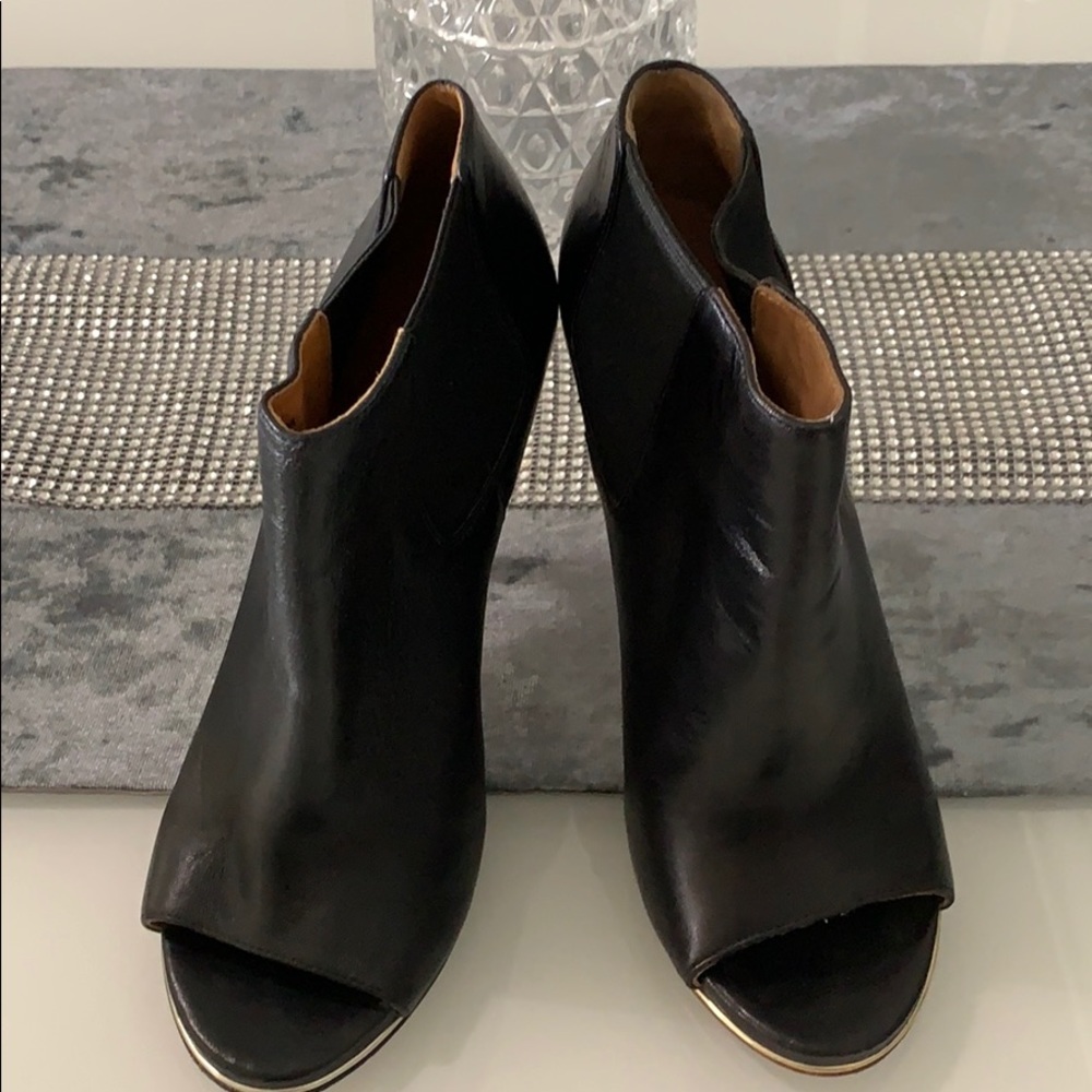 Leather open toe snake embossed heeled booties